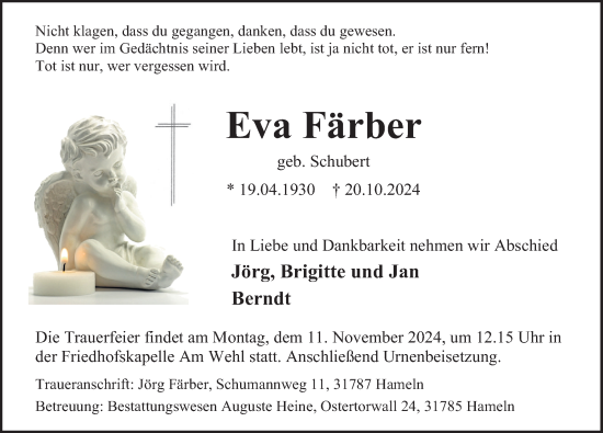 Traueranzeige von Eva Färber von Deister- und Weserzeitung