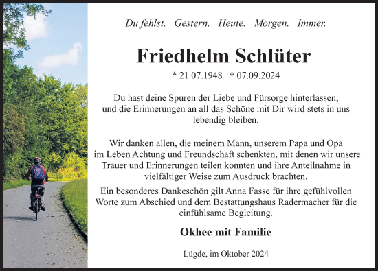 Traueranzeige von Friedhelm Schlüter von Deister- und Weserzeitung