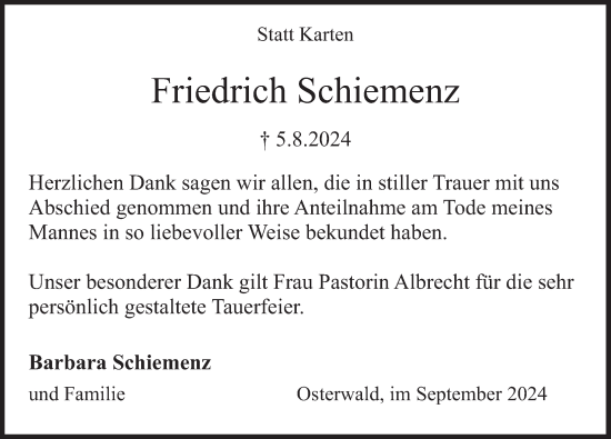 Traueranzeige von Friedrich Schiemenz von Deister- und Weserzeitung