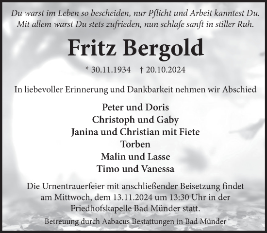 Traueranzeige von Fritz Bergold von Neue Deister-Zeitung