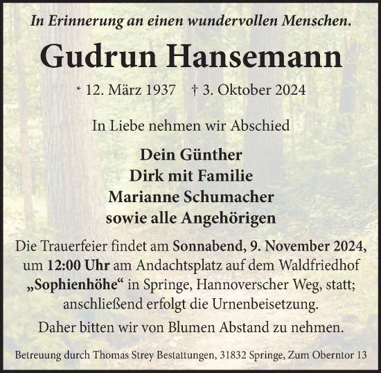 Traueranzeige von Gudrun Hansemann von Neue Deister-Zeitung