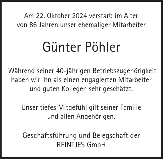 Traueranzeige von Günter Pöhler von Deister- und Weserzeitung