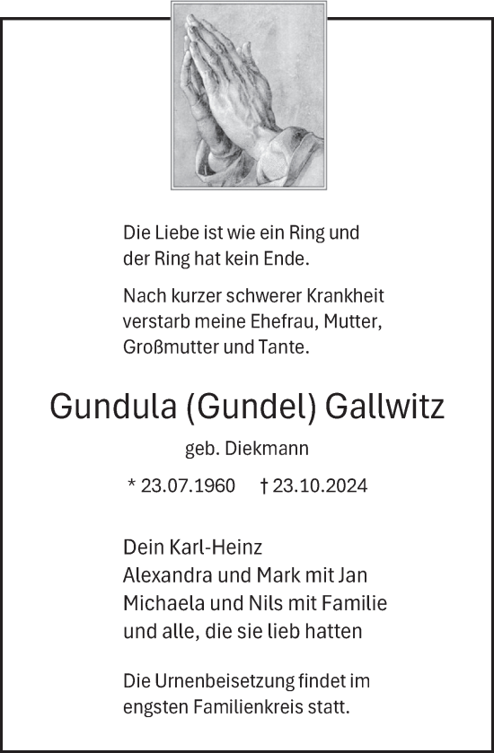 Traueranzeige von Gundula Gallwitz von Deister- und Weserzeitung