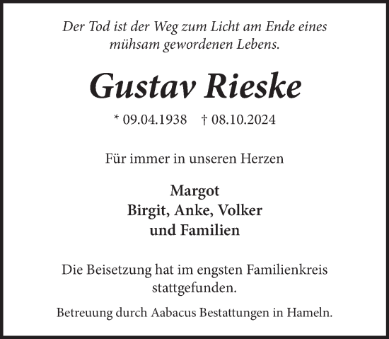 Traueranzeige von Gustav Rieske von Neue Deister-Zeitung