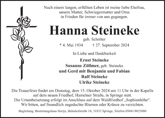 Traueranzeige von Hanna Steineke von Neue Deister-Zeitung