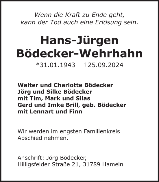 Traueranzeige von Hans-Jürgen Bödecker-Wehrhahn von Deister- und Weserzeitung