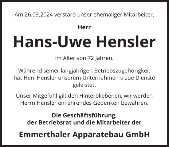 Traueranzeige von Hans-Uwe Hensler von Deister- und Weserzeitung