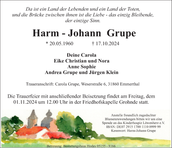 Traueranzeige von Harm-Johann Grupe von Deister- und Weserzeitung