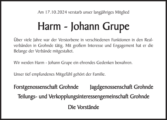 Traueranzeige von Harm-Johann Grupe von Deister- und Weserzeitung