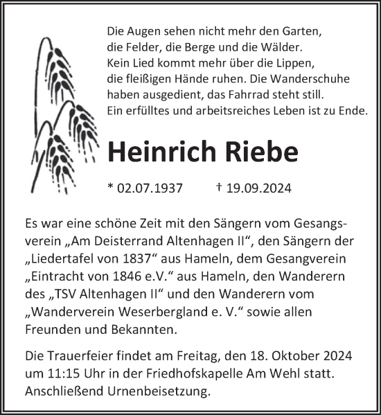 Traueranzeige von Heinrich Riebe von Deister- und Weserzeitung