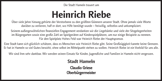 Traueranzeige von Heinrich Riebe von Deister- und Weserzeitung