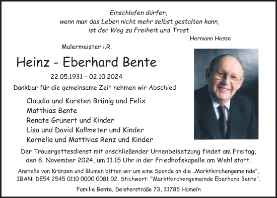 Traueranzeige von Heinz-Eberhard Bente von Deister- und Weserzeitung