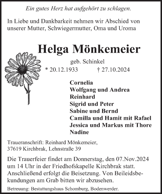 Traueranzeige von Helga Mönkemeier von Deister- und Weserzeitung