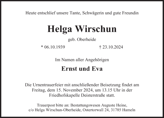 Traueranzeige von Helga Wirschun von Deister- und Weserzeitung