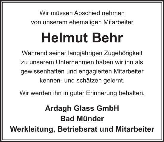 Traueranzeige von Helmut Behr von Neue Deister-Zeitung