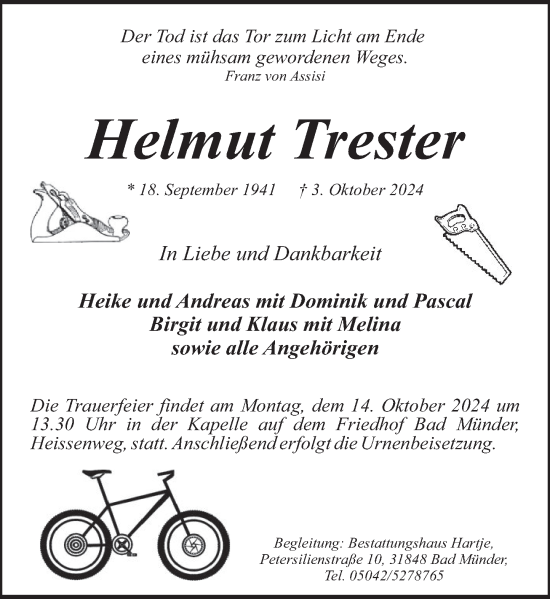 Traueranzeige von Helmut Trester von Neue Deister-Zeitung