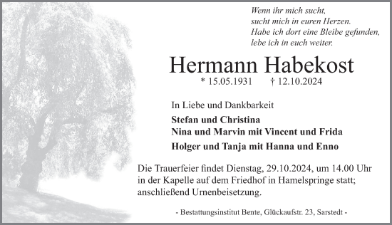 Traueranzeige von Hermann Habekost von Neue Deister-Zeitung