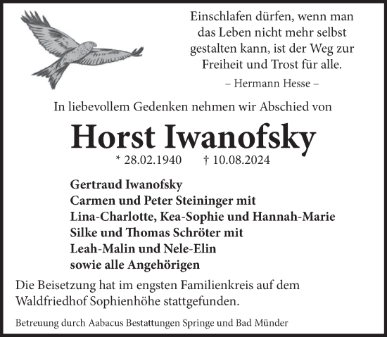 Traueranzeige von Horst Iwanosfky von Neue Deister-Zeitung