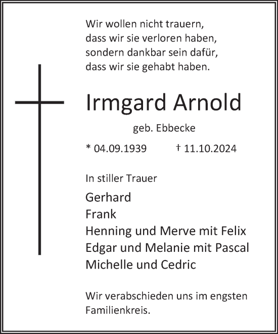 Traueranzeige von Irmgard Arnold von Deister- und Weserzeitung