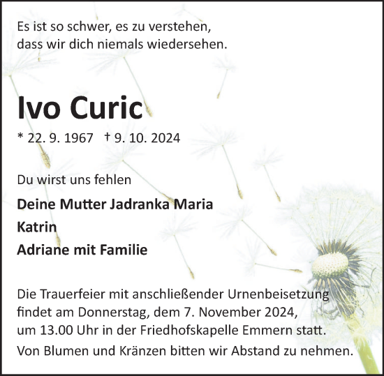 Traueranzeige von Ivo Curic von Deister- und Weserzeitung