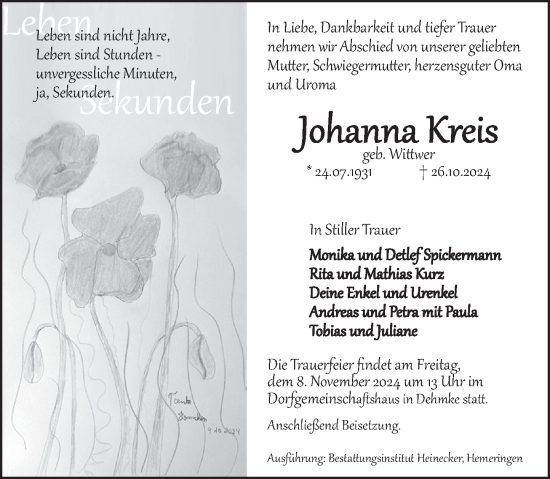 Traueranzeige von Johanna Kreis von Deister- und Weserzeitung