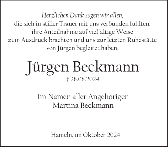 Traueranzeige von Jürgen Beckmann von Deister- und Weserzeitung