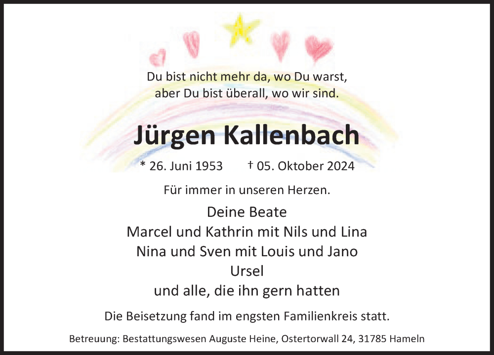  Traueranzeige für Jürgen Kallenbach vom 26.10.2024 aus Deister- und Weserzeitung