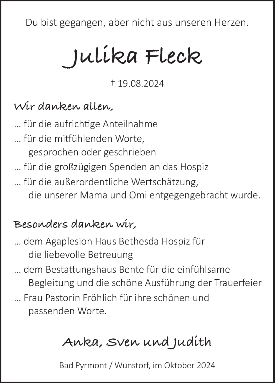 Traueranzeige von Julika Fleck von Deister- und Weserzeitung