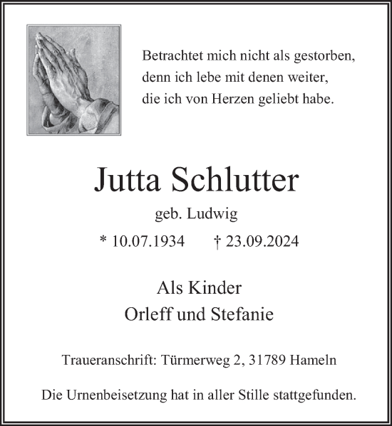 Traueranzeige von Jutta Schlutter von Deister- und Weserzeitung