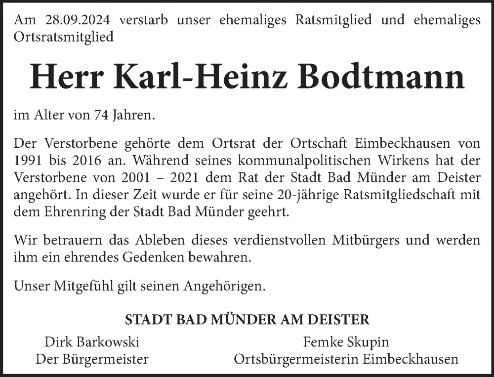  Traueranzeige für Karl-Heinz Bodtmann vom 12.10.2024 aus Neue Deister-Zeitung