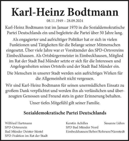 Traueranzeige von Karl-Heinz Bodtmann von Neue Deister-Zeitung