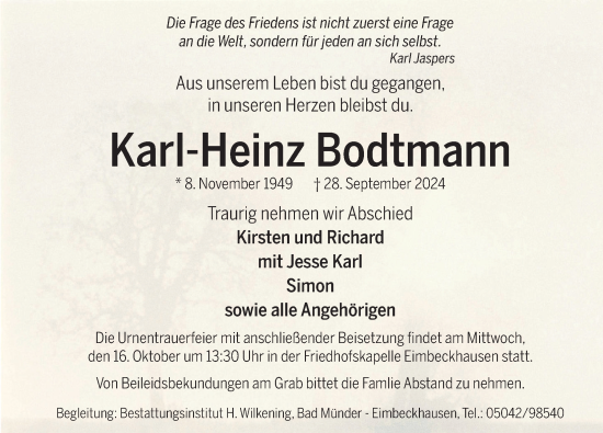 Traueranzeige von Karl-Heinz Bodtmann von Neue Deister-Zeitung