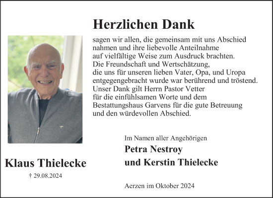 Traueranzeige von Klaus Thielecke von Deister- und Weserzeitung