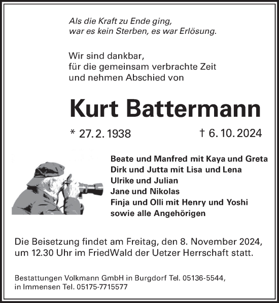 Traueranzeige von Kurt Battermann von Neue Deister-Zeitung