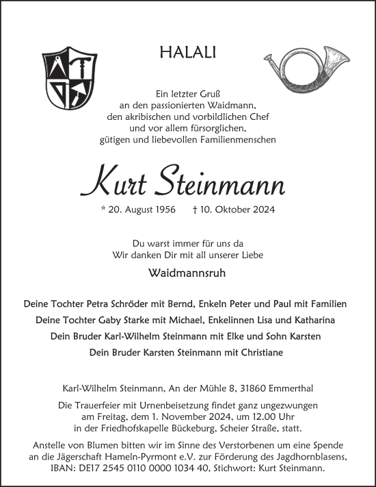 Traueranzeige von Kurt Steinmann von Deister- und Weserzeitung