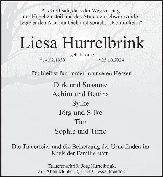 Traueranzeige von Liesa Hurrelbrink von Deister- und Weserzeitung