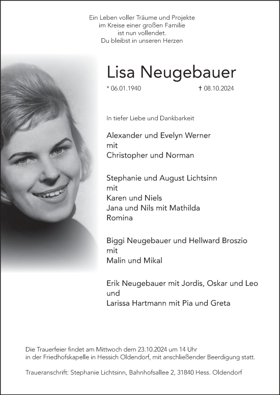 Traueranzeige von Lisa Neugebauer von Deister- und Weserzeitung