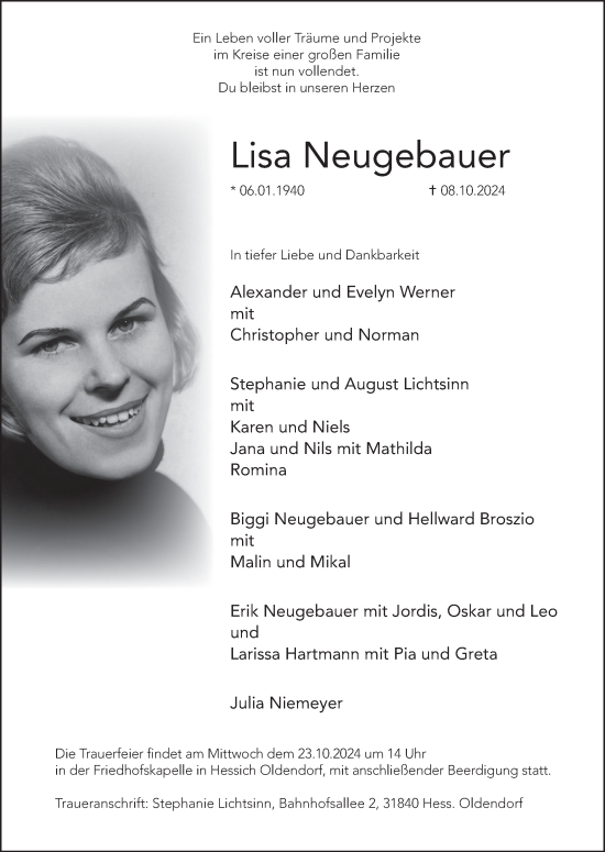 Traueranzeige von Lisa Neugebauer von Deister- und Weserzeitung