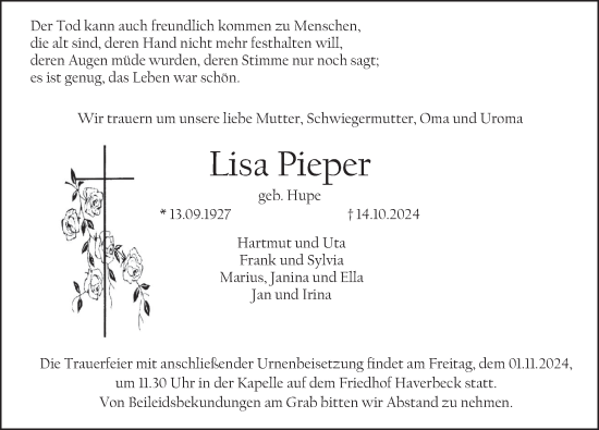 Traueranzeige von Lisa Pieper von Deister- und Weserzeitung