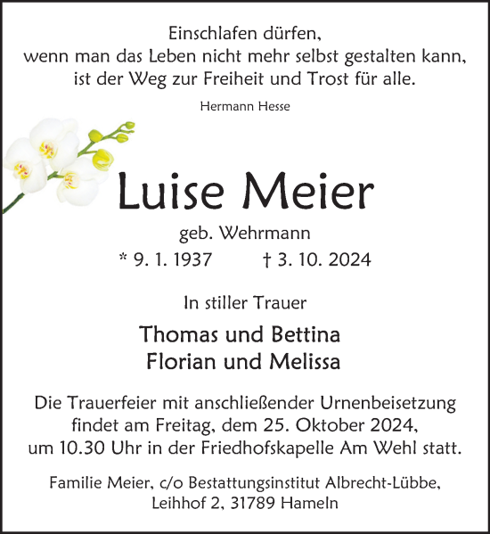 Traueranzeige von Luise Meier von Deister- und Weserzeitung