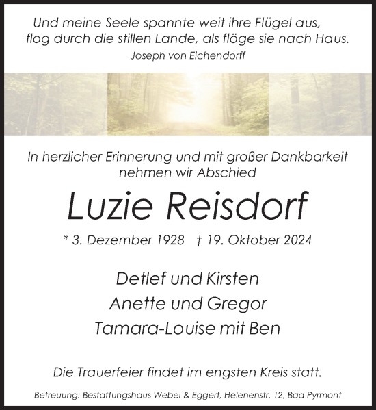 Traueranzeige von Luzie Reisdorf von Deister- und Weserzeitung