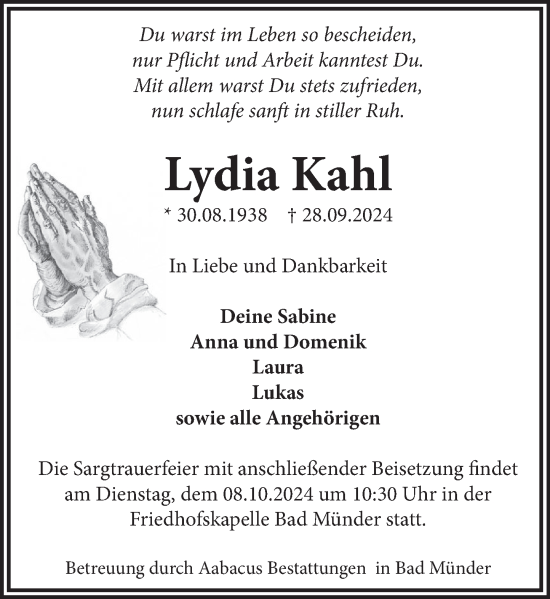 Traueranzeige von Lydia Kahl von Neue Deister-Zeitung