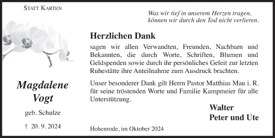 Traueranzeige von Magdalene Vogt von Deister- und Weserzeitung