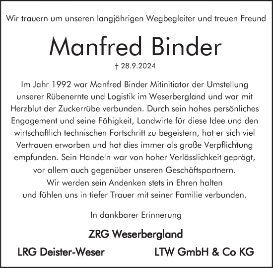 Traueranzeige von Manfred Binder von Deister- und Weserzeitung