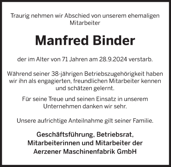 Traueranzeige von Manfred Binder von Deister- und Weserzeitung