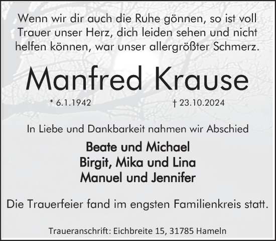 Traueranzeige von Manfred Krause von Deister- und Weserzeitung