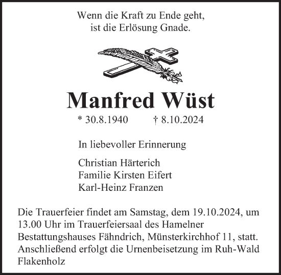 Traueranzeige von Manfred Wüst von Deister- und Weserzeitung