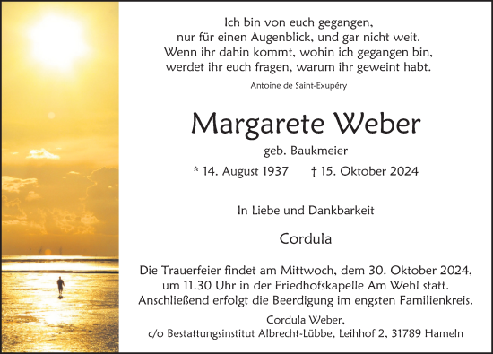 Traueranzeige von Margarete Weber von Deister- und Weserzeitung