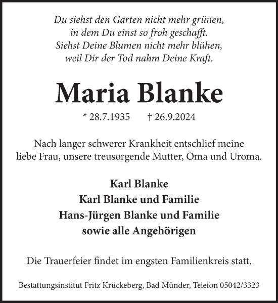 Traueranzeige von Maria Blanke von Neue Deister-Zeitung