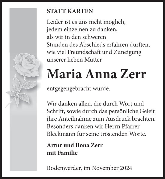 Traueranzeige von Maria Anna Zerr von Deister- und Weserzeitung